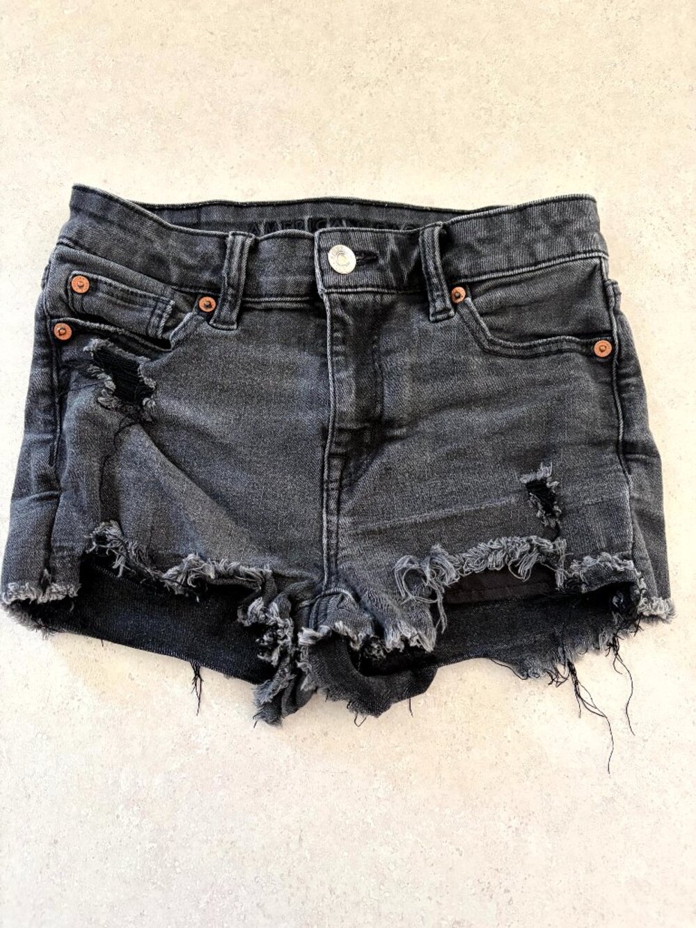 American Eagle Next Level Stretch Denim Shorts 00 Black Distressed Frayed Hem